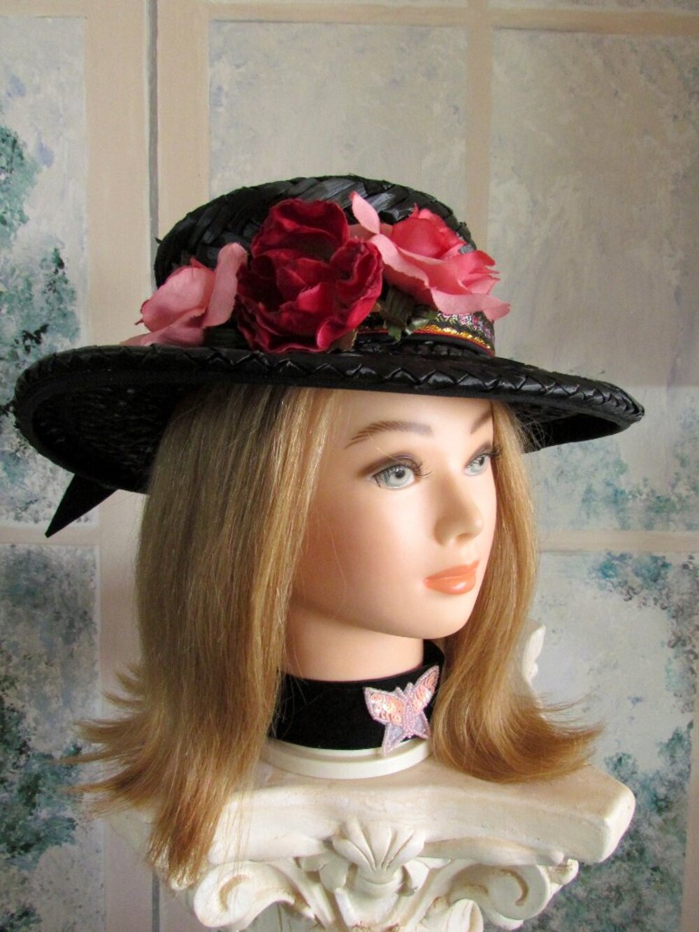 BLACK HAT w PINK ROSES, SPARKLE RIBBON, S, VINTAGE STRAW EDWARDIAN COSTUME HAT